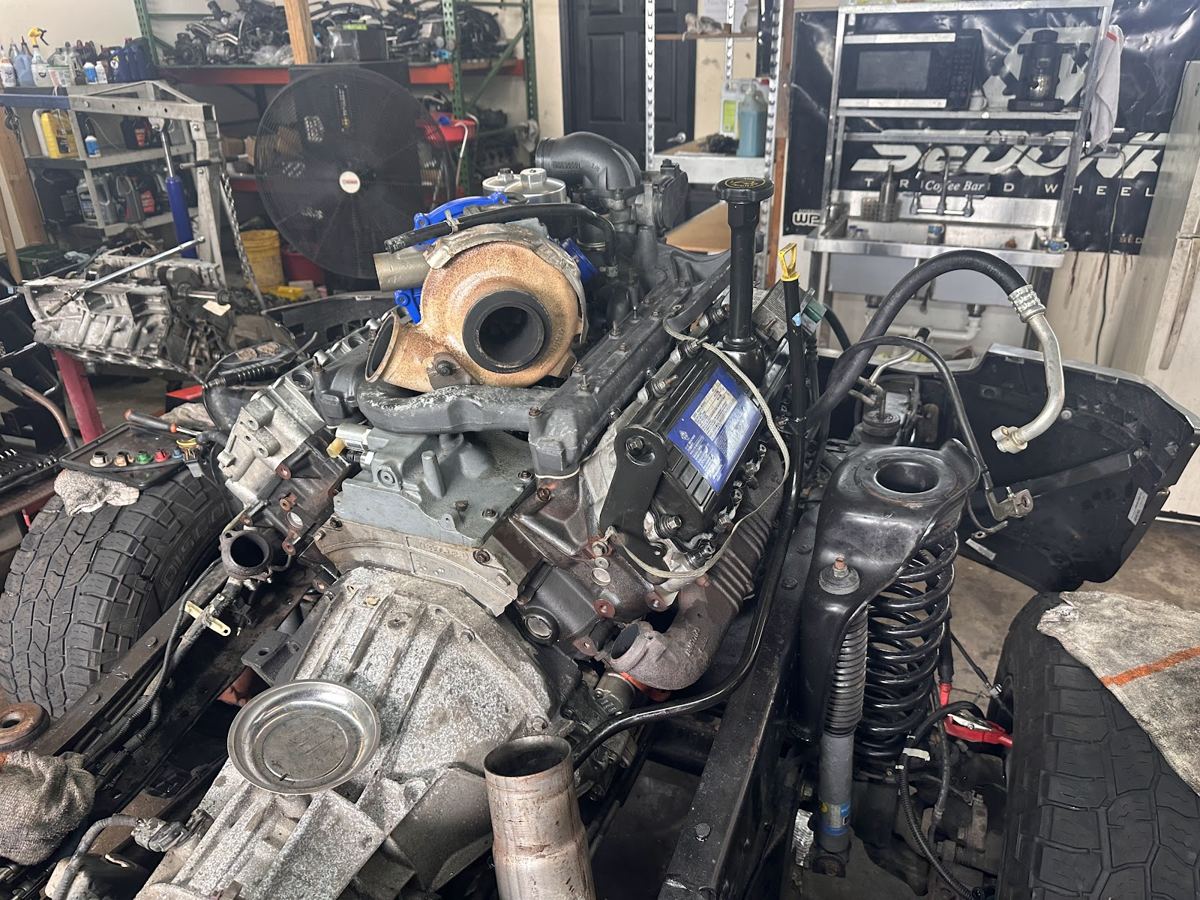 A diesel engine with a turbo, on the lift